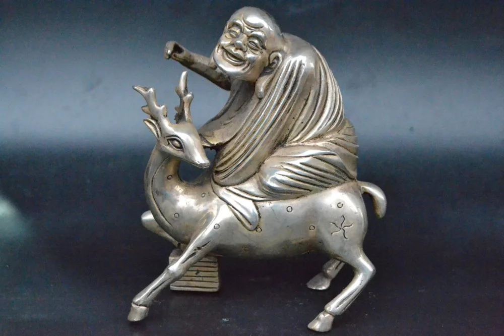 

Crafts statue China Collectible Old tibet silver Handwork carve arhat rid deer big Statue