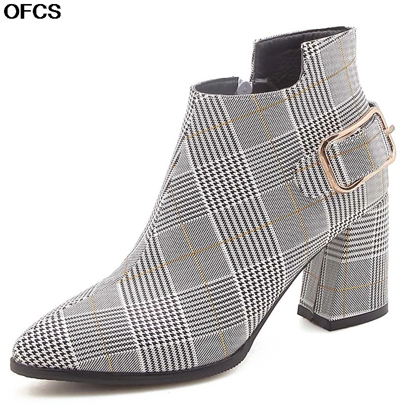 

Sexy Autumn Winter Ankle Boots Large Size Women Boots female Fashion Plaid Pointed Toe Boots High Heels Women's Shoes