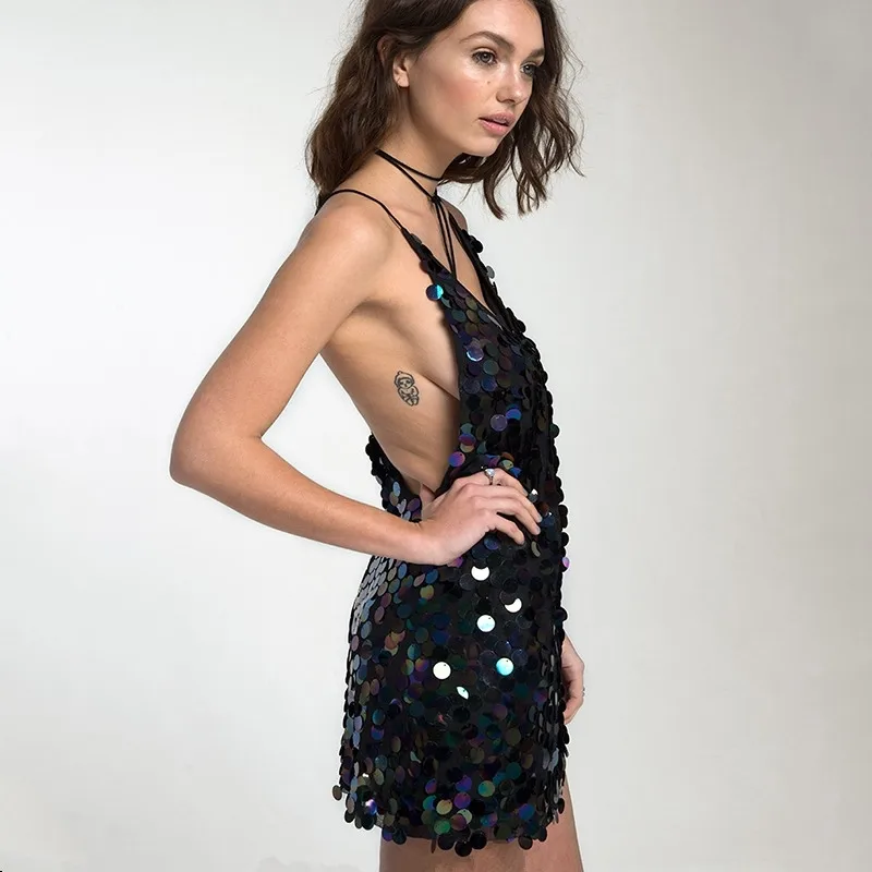 Cena Dreawse europa lato Punk Street z dekoltem w kształcie litery v pasek cekiny Disco Sexy sukienka kobiety Halter uprząż Mini Party Vestidos Femme D0724