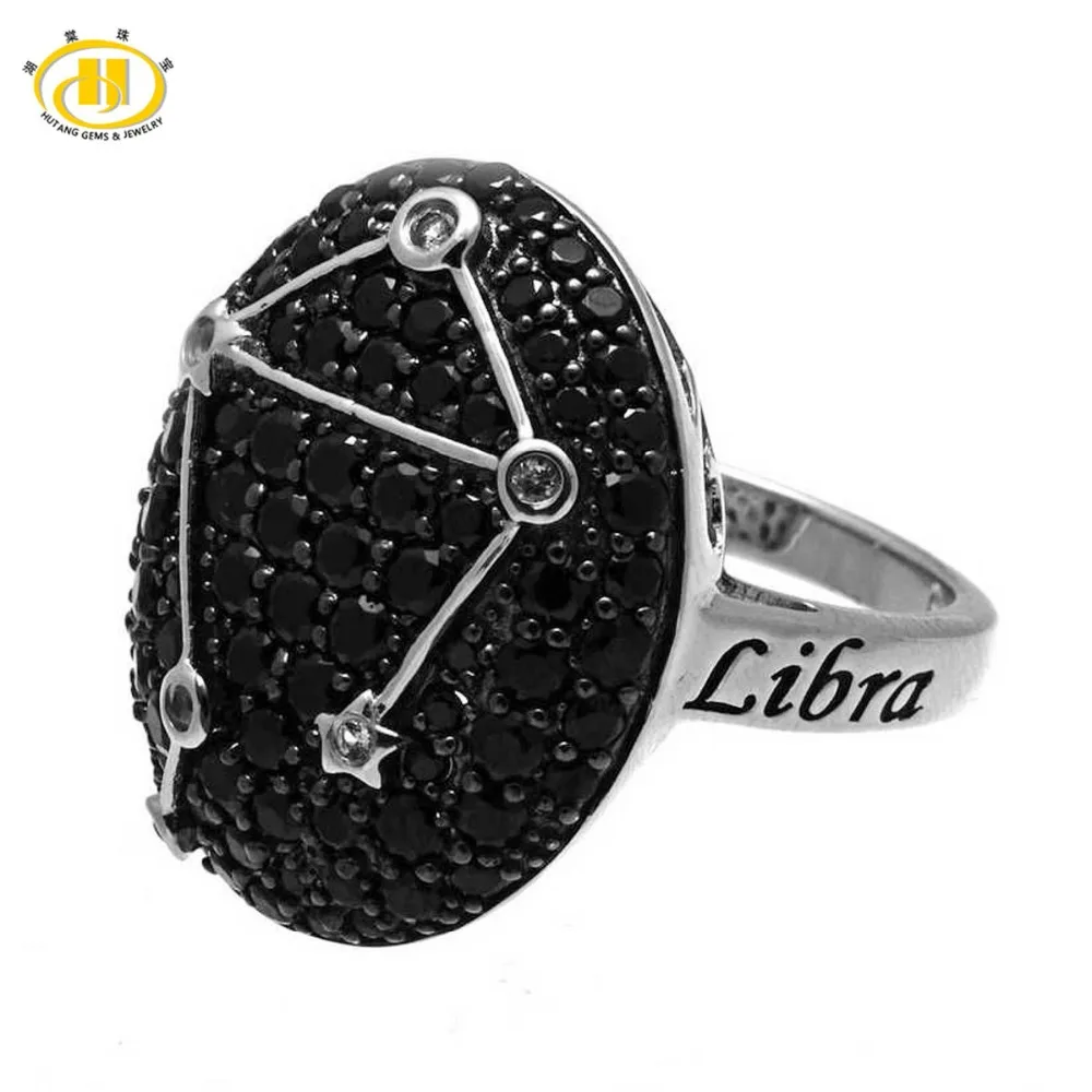 

Hutang New Libra Zodiac Natural Black Spinel & White Topaz Ring Solid 925 Sterling Silver Fine Jewelry Women's Birthday Gift