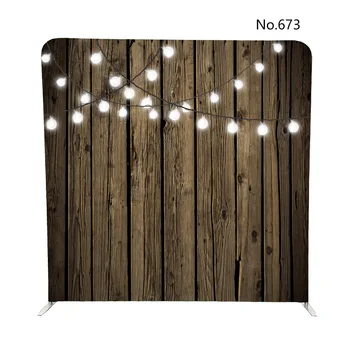 

Dark wood with string lights and rose gold Geometric pattern printed double sided pillow backdrop with stand for photo booth