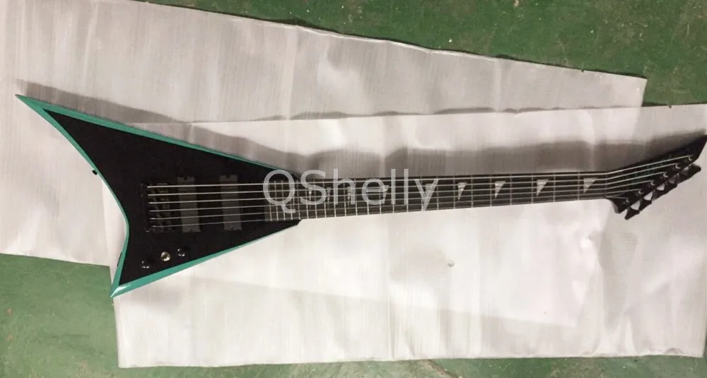 

top quality QShelly custom 6 strings neck through v shape body ebony fretboard active pickup triangle inlay electric bass guitar