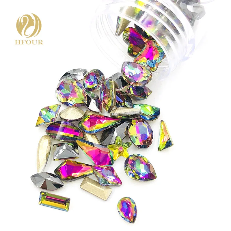 

Free shipping Flame color pointback glass crystal non hotfix rhinestones for nail decorations Mixed shape Mixed size 20pcs/50pcs