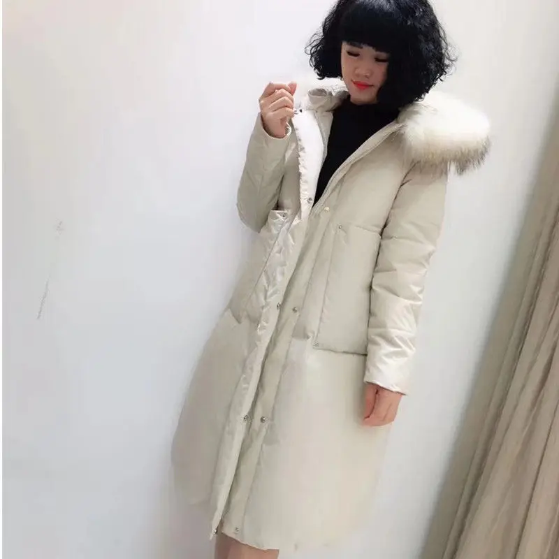 Зимняя женская куртка, зимнее пальто, длинная парка, роскошный меховой воротник, пальто с хлопковой подкладкой, женские ватные куртки размера плюс M-5XL - Цвет: white