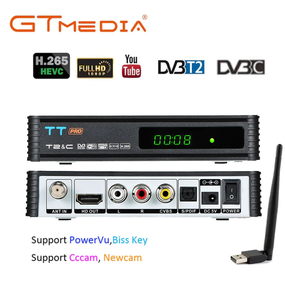 

GT MEDIA TT Pro DVB-T2 / DVB Cable HD Decoder Receptor de TV Terrestre con Antena WiFi,H.264/H.265 HEVC/MPEG2/MPEG4 ccamYoutube