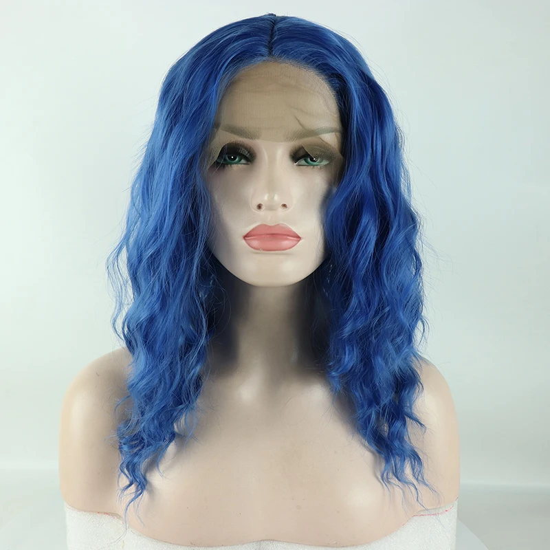 Bombshell синий натуральный волнистый короткий Боб ручная вязка синтетический парик фронта шнурка бесклеевой термостойкие волокна волос для женщин парики