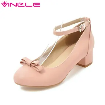 

VINLLE 2020 Summer Women Shoes PU Leather Buckle Square Med Heel Ankle Strap Pointed Toe Ladies Wedding Pumps Size 34-43