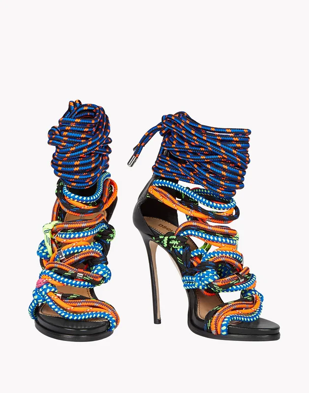 

fashion Sexy Luxury women sandals lace up booties multi color rope shoes gladiator sandals back zip thin high heels