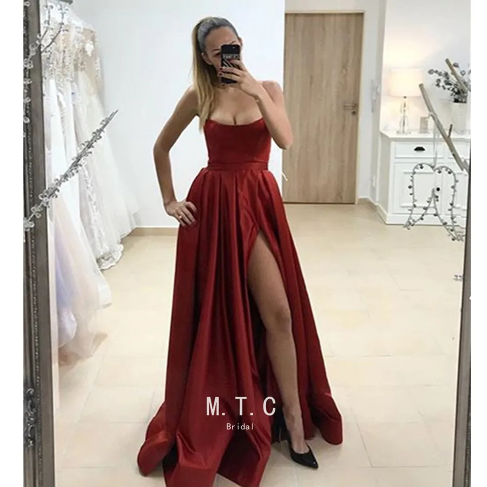 

Strapless Burgundy Evening Dress 2019 Sexy High Slit A Line Sleeveless Long Satin Formal Dresses Custom Made Vestido De Festa