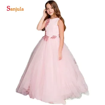 

Pink Tulle Sweet Flower Girls Dresses 2019 Scoop A-Line Appliques Girls Pageant Party Dresses vestido de festa infantil D436