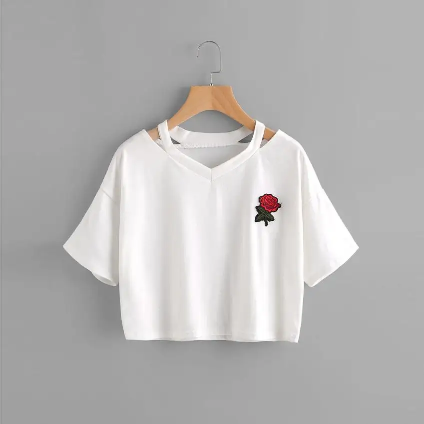 

CHAMSGEND Women Rose Short Sleeve Casual Blouse V Neck Vest Tops Blouse Drop Shipping 1F7*