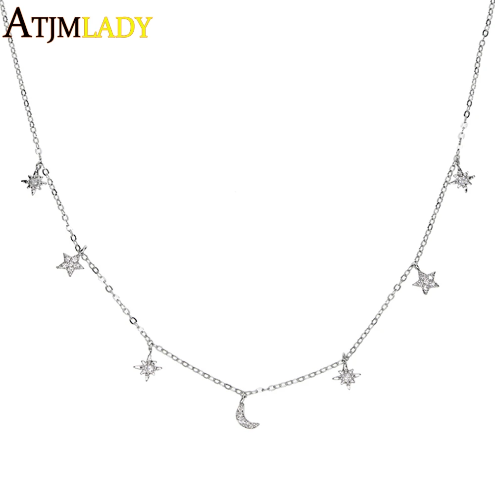 

2018 New Spring rose gold silver color tiny cute moon star sunburst girl ladies drip 925 sterling silver choker charm necklace