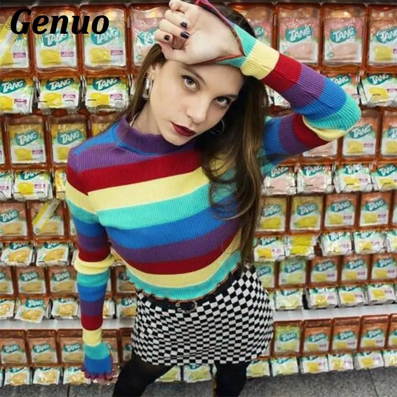 Genuo Autumn Winter Knitted Sweater Crop Tops Color Block Stripe Long Sleeve Casual Knitted Pullover Jumpers pull femme hiver