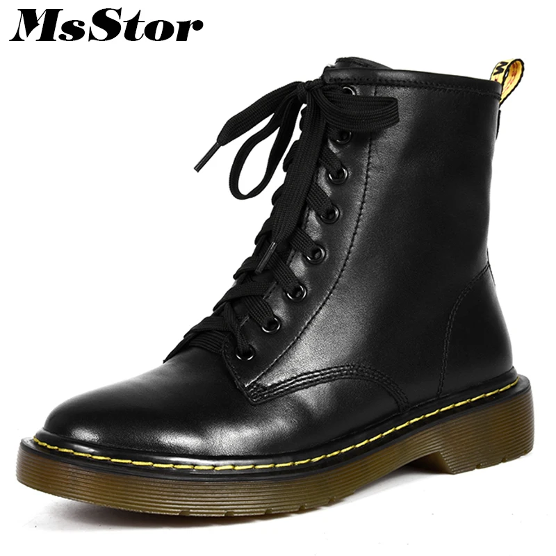 

MsStor Women Boots Round Toe Square heel Lace Up Ankle Boots Women Shoes Genuine Leather Med Heel Black Boot Shoes For Woman
