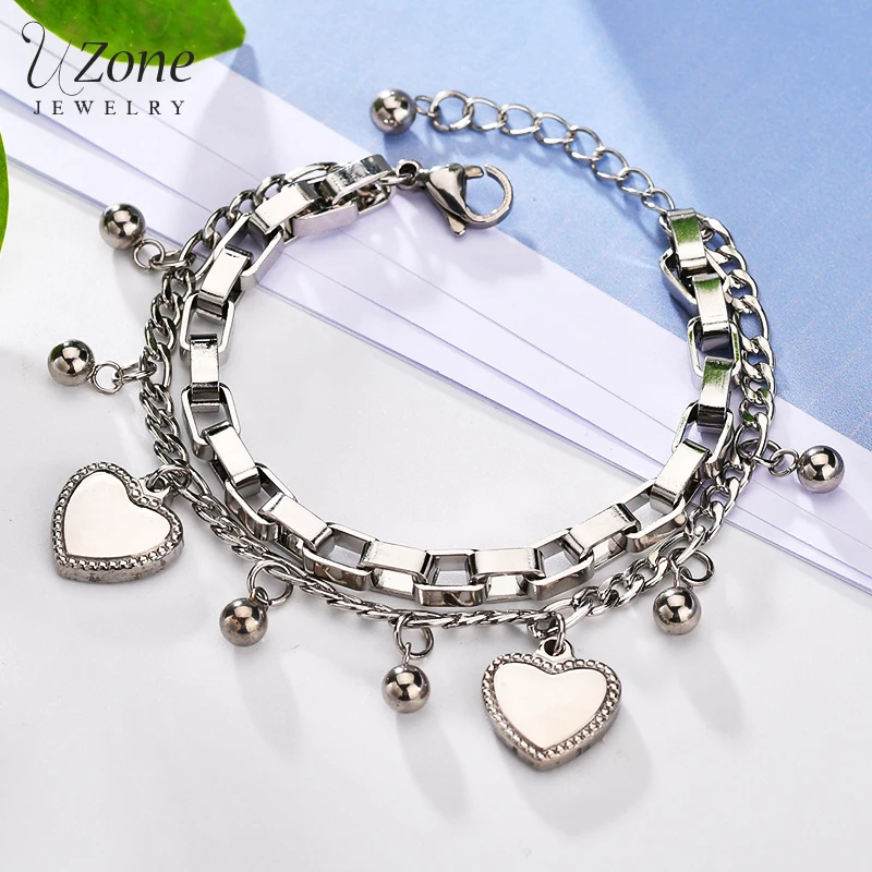 UZone Шарм Серебряный двухслойный нержавеющая сталь сердце цепочка браслет кисточкой персик сердце звено ожерелье Модные женские ювелирные изделия