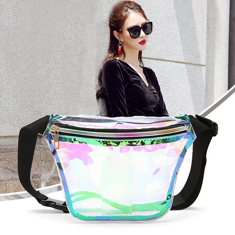 

2019 New Fashion Laser Colorful Transparent Waist Pack Women Zipper Bucket Waist Bag Ladies Waterproof PVC Shoudle Chest Bags