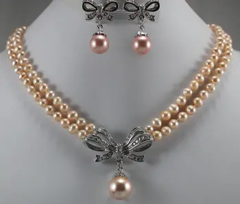 

Hot sell free shipping ~~ noble 2 row 7-8mm pink shell pearl necklace with designed pendant and earrings set for lady