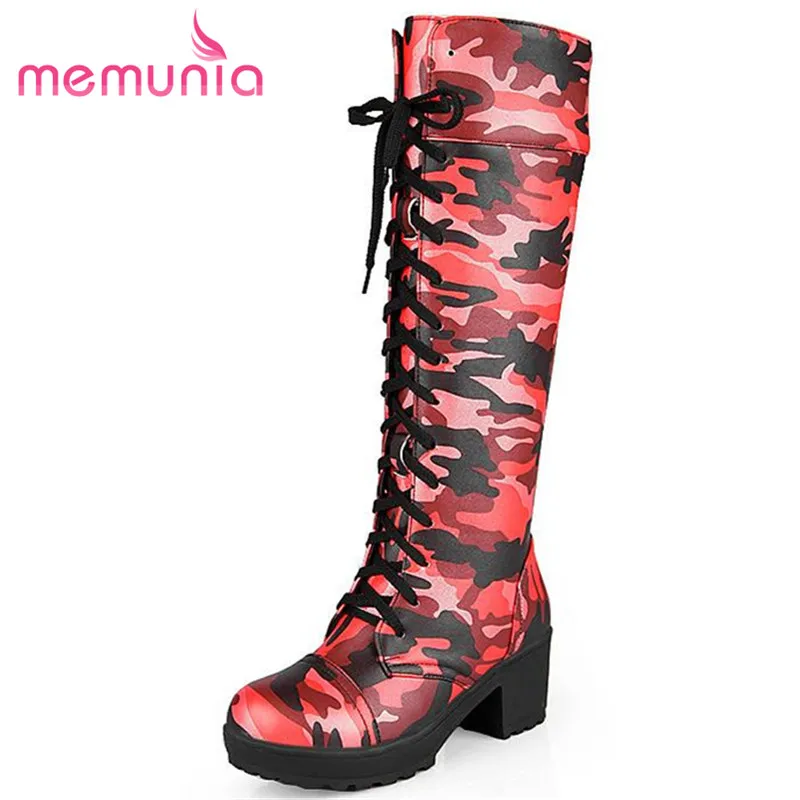 

MEMUNIA Knee high boots three colors winter boots for women round toe fashion soft leather thick high heel high quality