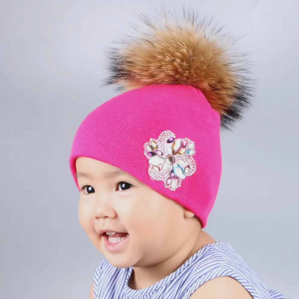 

0 to 3 year old baby knitted winter hat cap girl boy kids cotton fuchsia mink fur pompom children crown beanies casual skullies