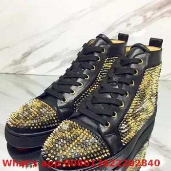 

High Top Leisure Lace Up Black Leopard Print Small Rivets Red Bottom For Man Casual Shoes Sneakers Leather Flat Loafers