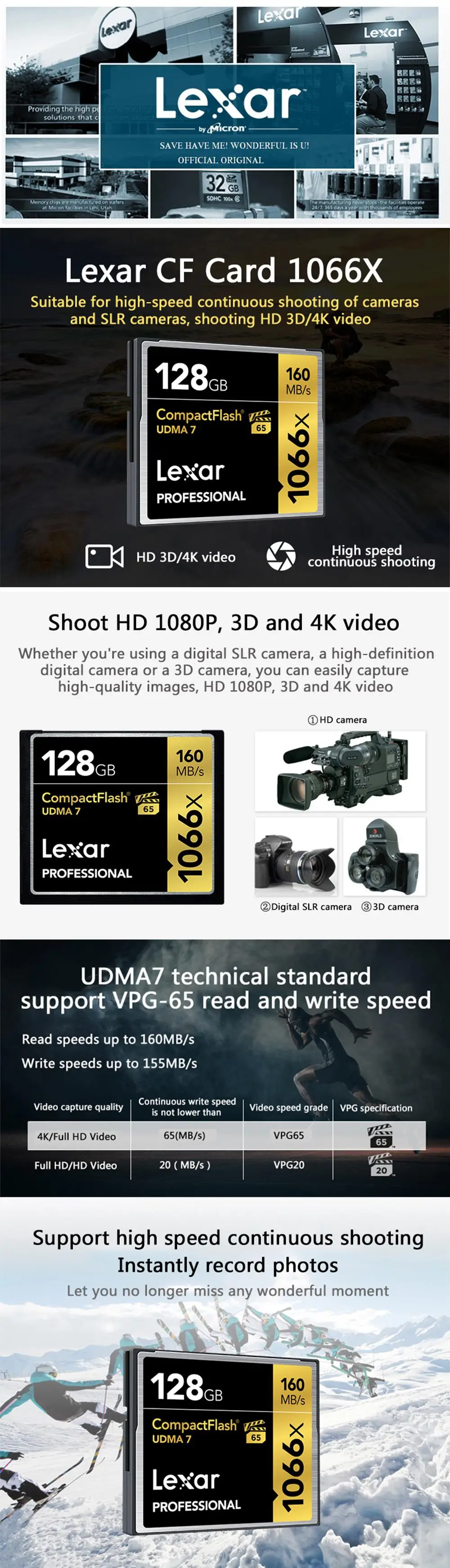 Lexar UDMA 7 128gb карта CF 1066x32 Гб карта памяти до 160 МБ/с. VPG-65 64gb карта Compact flash карта для Full HD/3D и видео в формате 4K