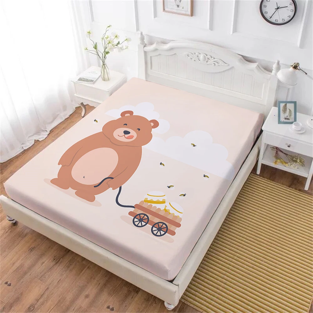 

Cute Bear With Honey Bed Sheet Kids Cartoon Fitted Sheet Twin Full King Queen Bedclothes Mattress Cover Home Textile D40