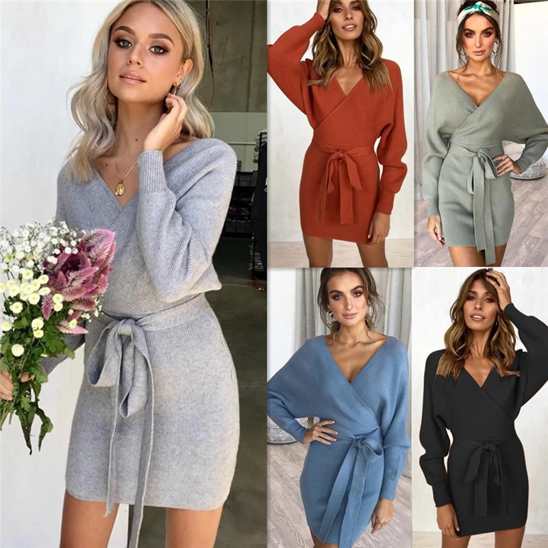 

Fashion V Neck Knitted Sweaters Dresses Casual Autumn Winter Dresses Sweaters Women Sexy Hollow Out Bandage Bodycon Dress WLD352