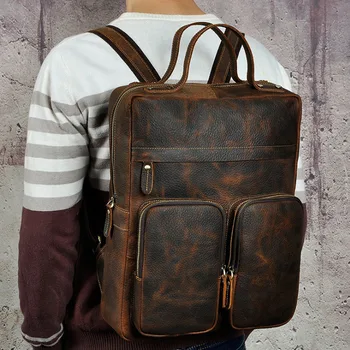 

Crazy Horse Cowhide Men Backpack Laptop Book Bags Travel Knapsack High Quality Leather Bag Genuine Cow Rucksack Daypack