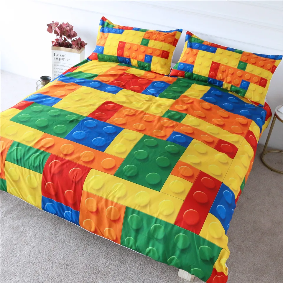 

BlessLiving Toy Print Bedding Set Dot Building Blocks Comforter Cover Kids Boy Bed Cover Colorful Bricks Game Bedlinen Wholesale