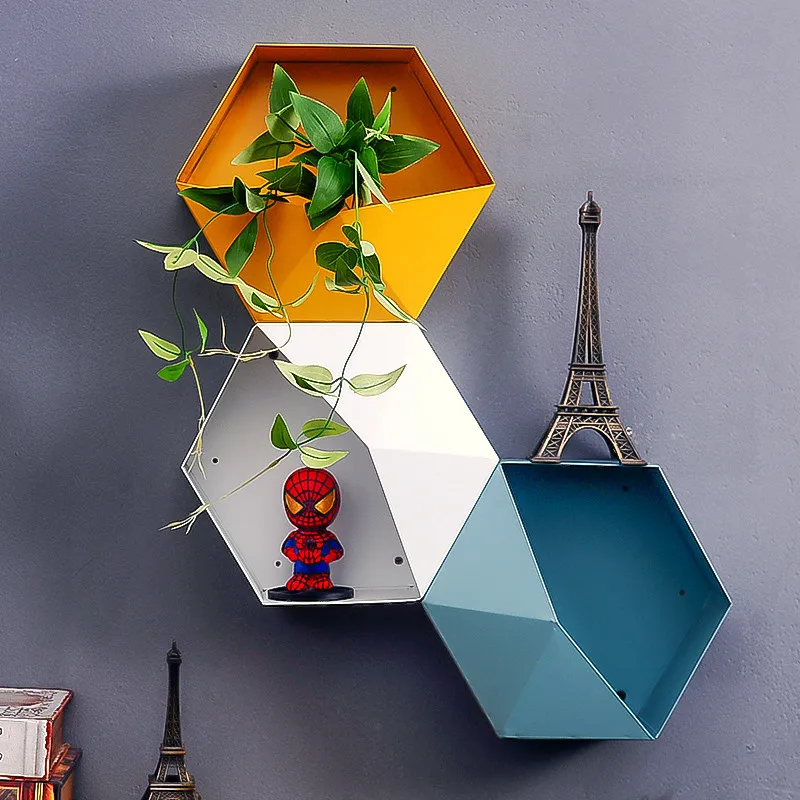 

Nordic Hexagon Storage Rack Box Floating Shelf Iron Wall Hanging Basin Geometric Wall-mounted Crafts Living Room Decor Organizer