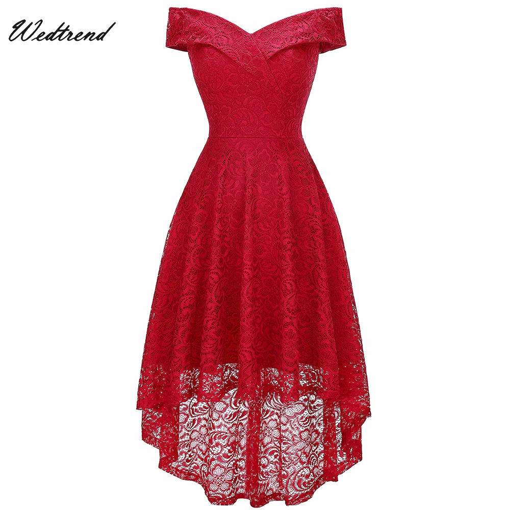 

Wedtrend Red Graduation Dress Short 2019 Sexy Off the Shoulder High-Low Lace Homecoming Dresses Formal Gowns