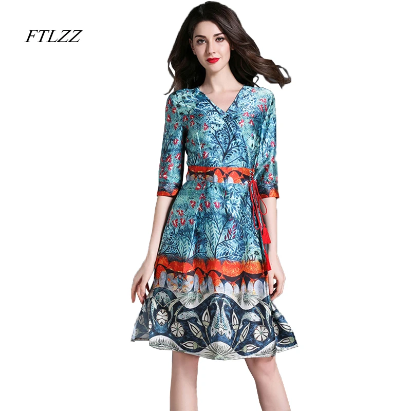 FTLZZ 2017 Summer New Crossed Lateral Frenulum V-neck Slim Dress Woman Retro Ethnic Style Floral Print A-line | Женская одежда