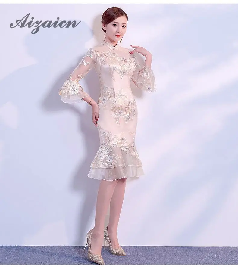 2019 бежевый boda chino tradicional vestido bordar Qipao mucho чонсам, Восточный стиль vestidos tradiciones mujeres Qi Pao