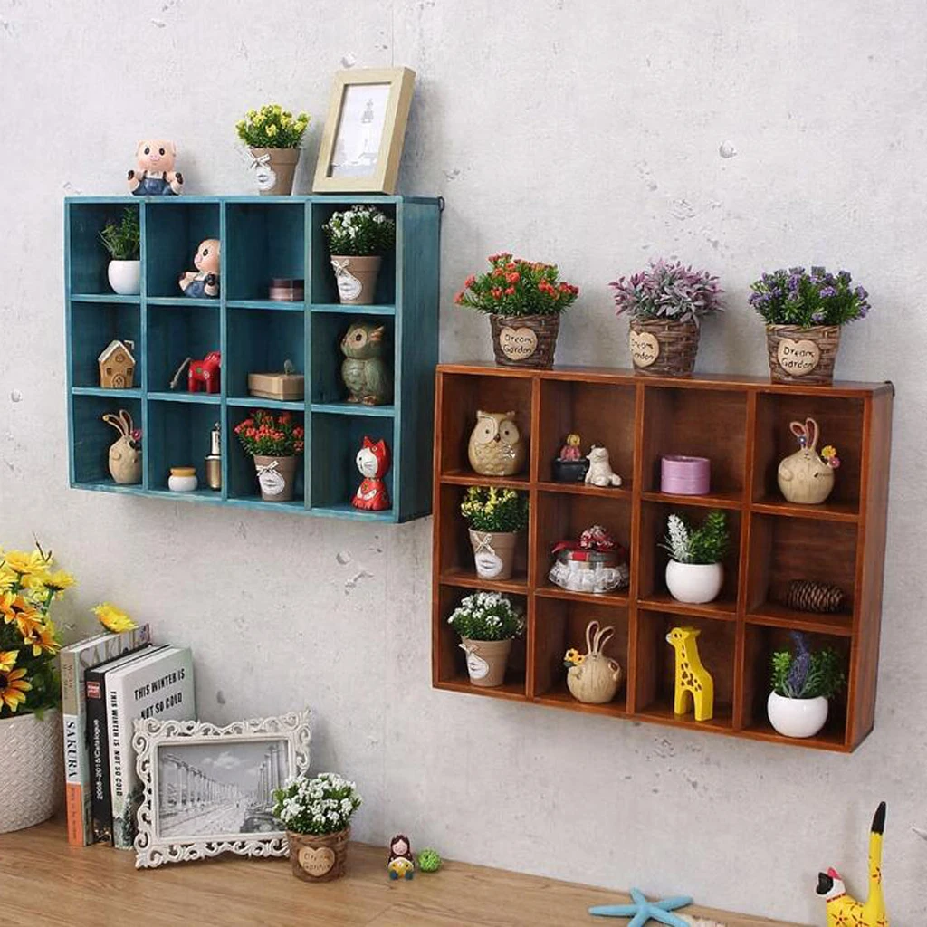 Rustic Wooden Wall Shelf Shadow Box Display Rack Shelf Storage Unit DIY Decoration, 40x30x7.8cm