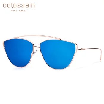 

COLOSSEIN New Fashion Sunglasses For Women Pilot Metal Shiny Blue Alloy Temple Silver Crystal Rubber UV400 lentes de sol hombre