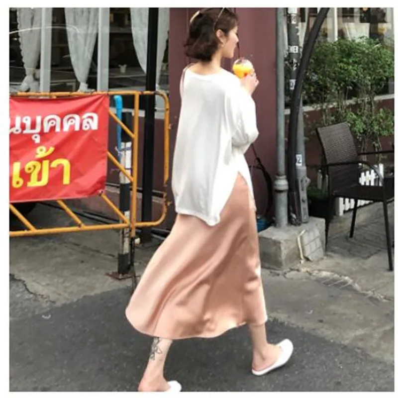 

Garemay High Waist Skirt Satin Elegant Women Pink Casual A-Line Midi Long Skirts For Women Silk Summer Skirt 2019