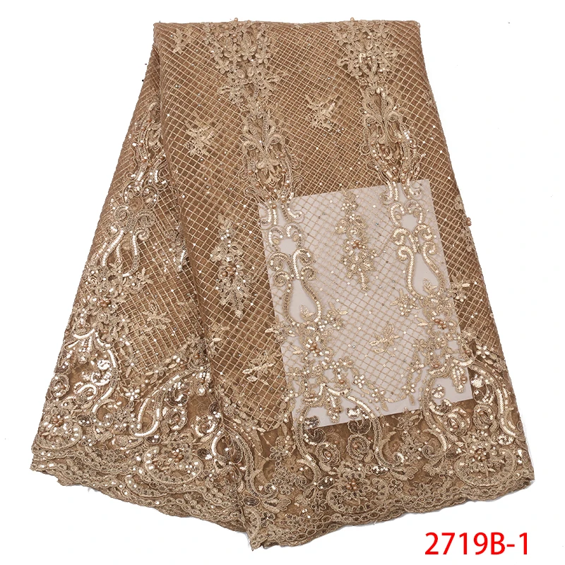 

Luxury Gold Sequins Lace Fabric for Dresses High Quality Nigerian Mesh Lace Fabrics with Beads/Sequins African Net Lace APW2719B