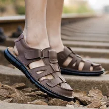 Мужские сандалии из натуральной кожи; большие размеры 39-44; мужские повседневные летние сандалии на застежке-липучке; мужские пляжные сандалии; 3361