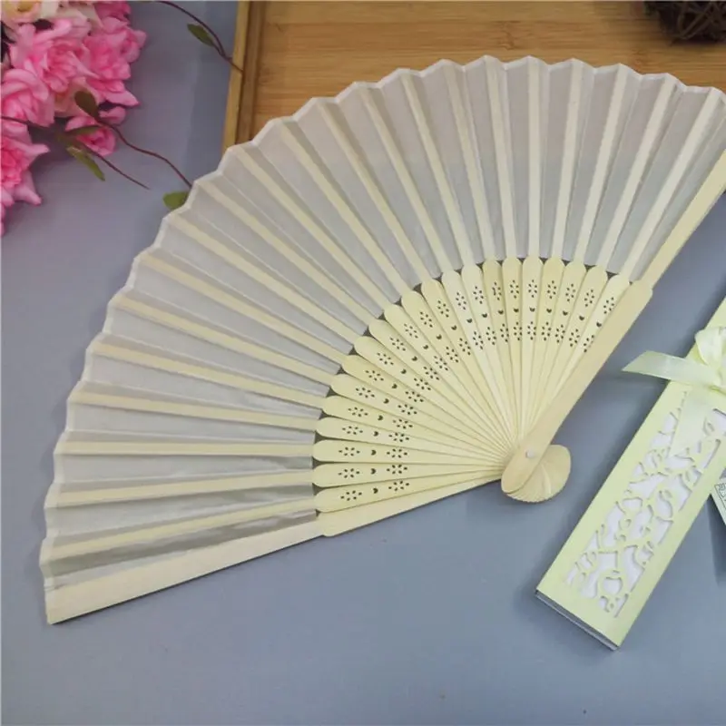  10pcs/lot Personalized 21cm wood Spun Silk Hand Fan Wedding Invitation Rice color - 33052708244