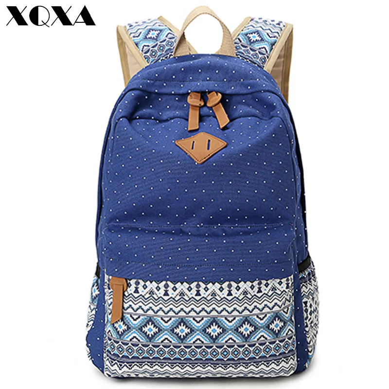XQXA Vintage Girl School Bags For Teenagers Cute Dot Printing Canvas Women Backpack Mochila Feminina Casual Bag School Backpack