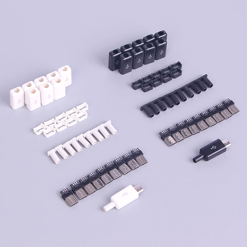 10pcs/ Sets DIY Micro USB Welding Type Male 5 Pin Plug Connector w/Plastic Cover white/black