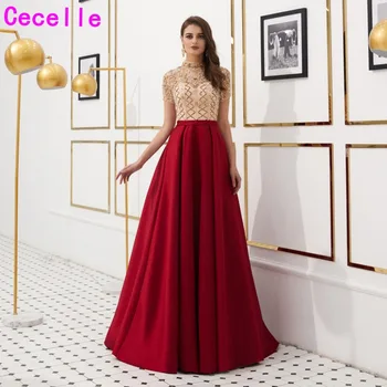 

Dark Red Satin A-line Sexy Evening Dresses With Sleeves 2019 Women Elegant Luxury Beading Evening Party Special Occasion Gowns