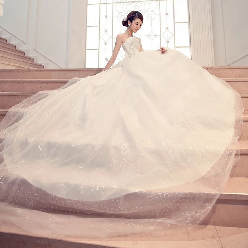 Wholesale New Pure White Classical Korean Cathedral Wedding Dress Sleeveless Strapless Ball Gown Dress Custom Made Aonita 2016 Buy Cheap New Pure White Classical Korean Cathedral Wedding Dress Sleeveless Strapless Ball Gown Dress Custom Made Aonita 2016