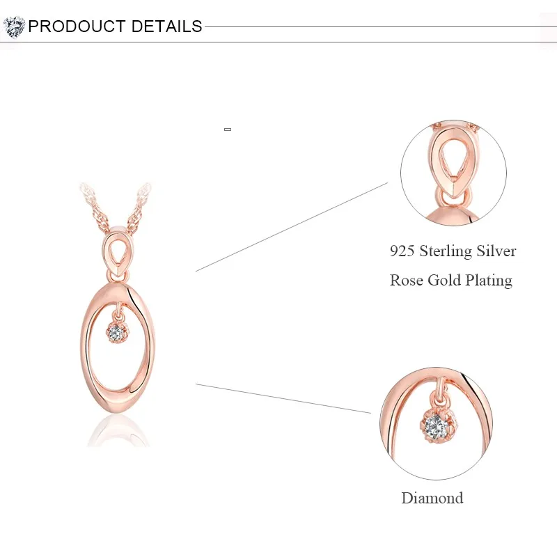 DOUBLE-R простой овальной Цепочки и ожерелья Подвески Для женщин 0.03ct Алмазный стерлингового серебра 925 свадебный подарок розового золота с бриллиантами-ювелирные изделия