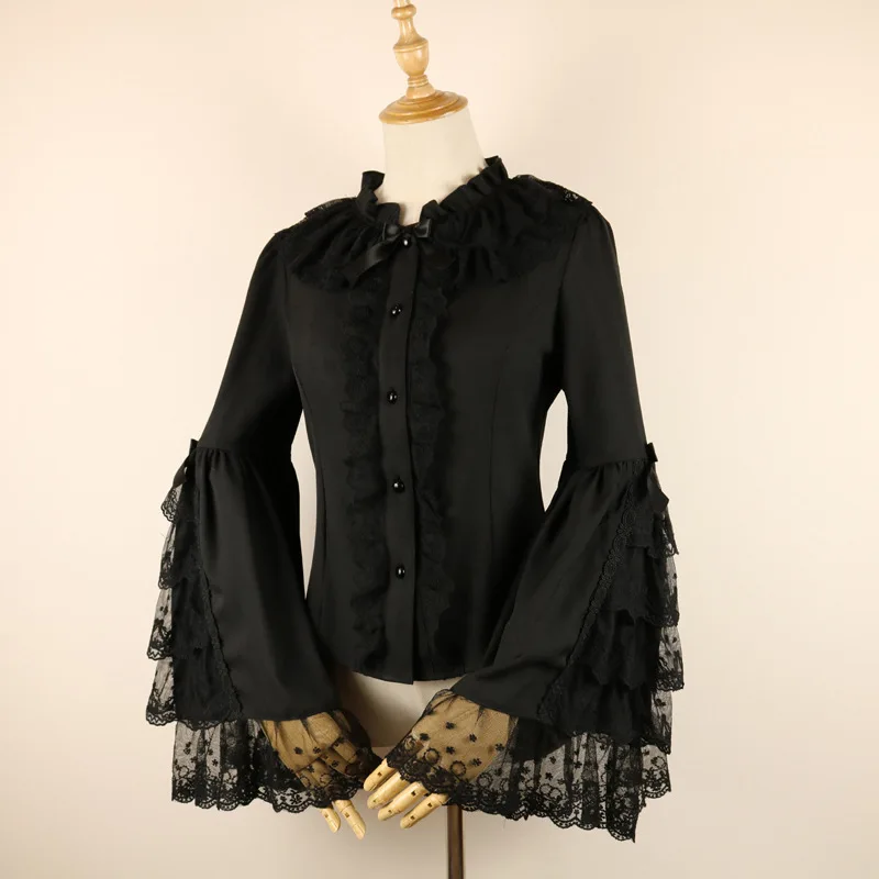 Черная викторианская кружевная винтажная рубашка с оборками женская шифоновая блузка с длинным рукавом Готическая Лолита блузки, женские рубашки Mujer