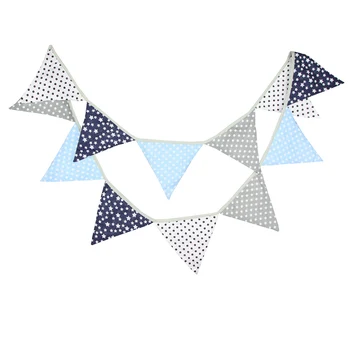 

12 Flags 3.2m Silver Blue Stars Dot Cotton Fabric Bunting Pennant Flags Banner Garland Baby Shower Outdoor DIY Home Room Decor