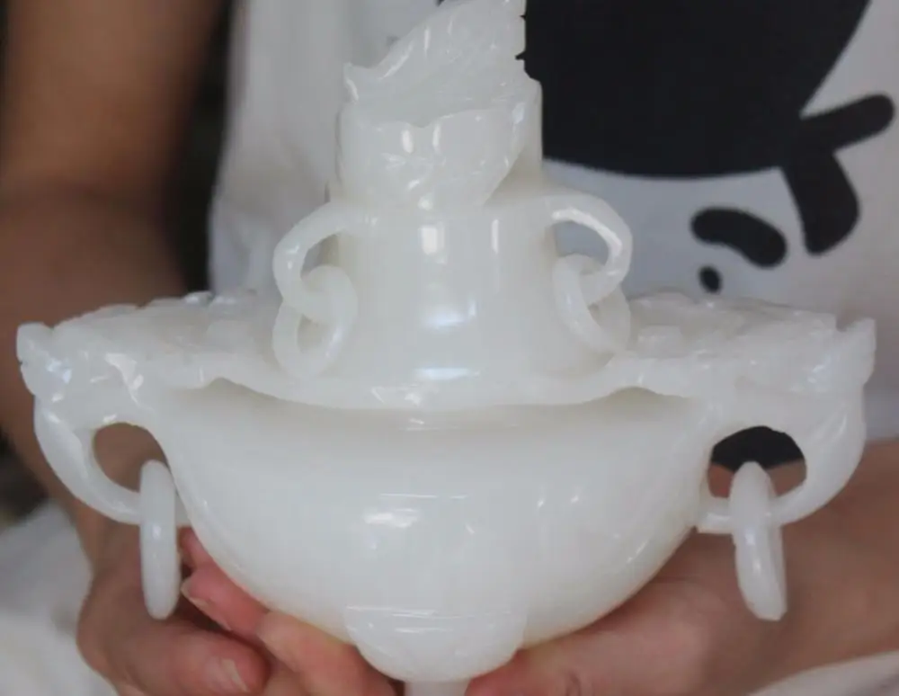 

6"Chinese 100% Natural White Jade Lucky Dragon Lion Statue incense burner Censer a1
