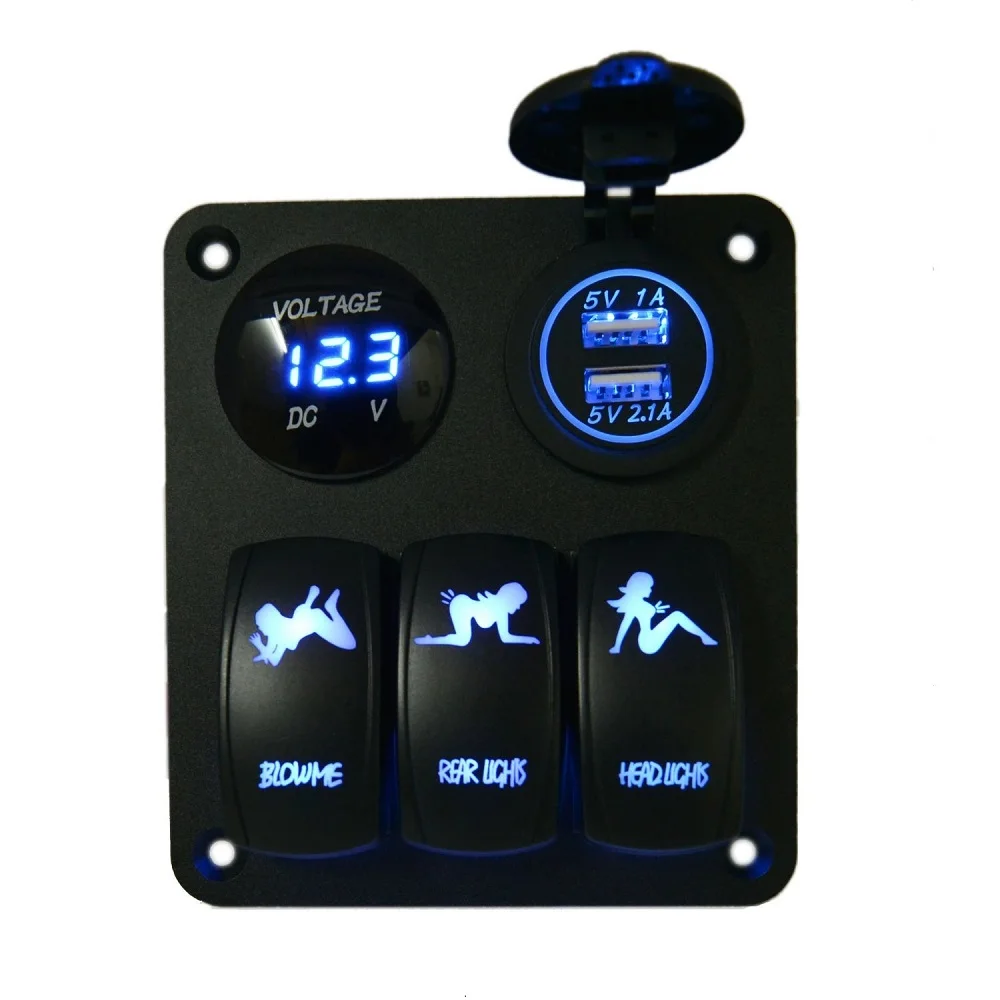 Waterproof 3 Gang Rocker Switch Panel +12V LED Voltmeter+Double USB