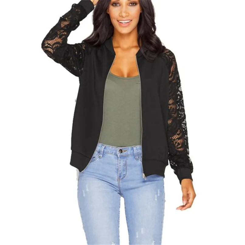 Lace Sleeve Women Basic Coats Long Sleeve Lace Patchwork Transparent Zipper Casual Slim Jacket Coat Bomber Jacket Outwear 40OC312