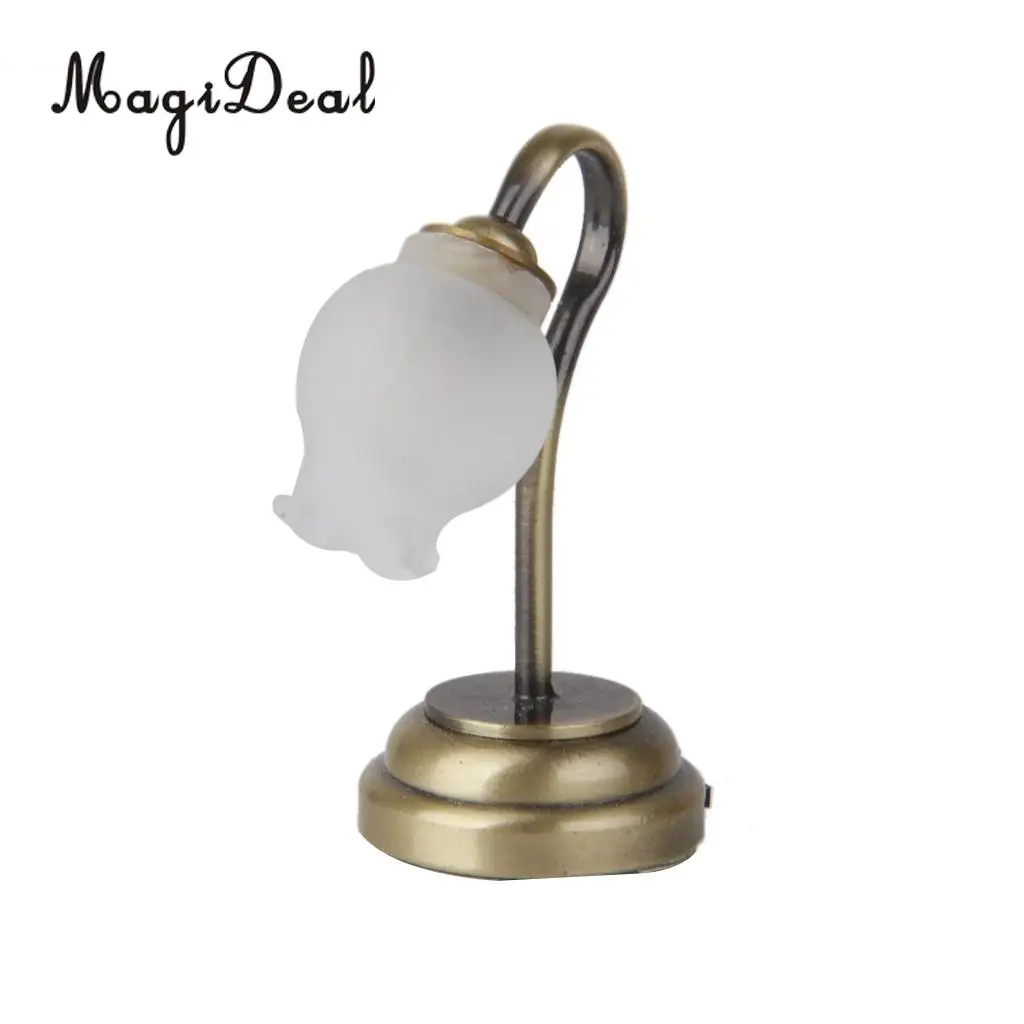 MagiDeal 1Pc 1:12 Metal Dollhouse Miniature  Shape Table Lamp LED Light with Button Battery for Desk Lamp Model Kids Room